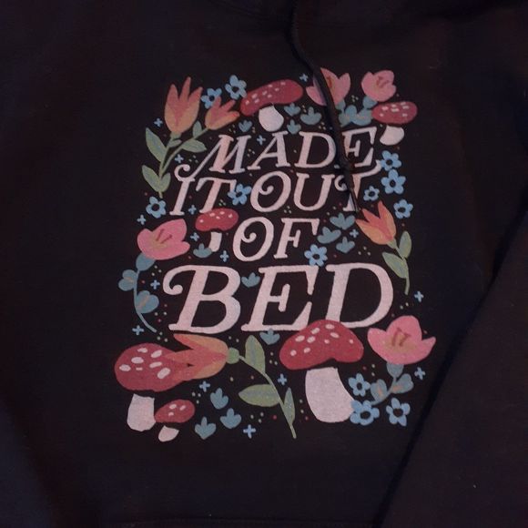 Made It Out Of Bed Mushroom Floral Design Unisex Black Hoodie - Size L - Picture 5 of 7